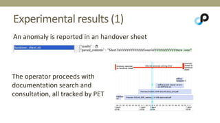 Experimental results (1) 
	 
An anomaly is reported in an handover sheet 
The operator proceeds with 
documentation search and 
consultation, all tracked by PET 
 
