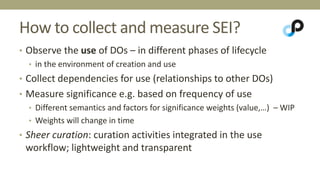 How to collect and measure SEI? 
• Observe the use of DOs – in different phases of lifecycle 
• in the environment of creation and use 
• Collect dependencies for use (relationships to other DOs) 
• Measure significance e.g. based on frequency of use 
• Different semantics and factors for significance weights (value,…) – WIP 
• Weights will change in time 
• Sheer curation: curation activities integrated in the use 
workflow; lightweight and transparent 
 