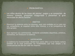  PROBLEMÁTICA:
 Los niños dentro de las áreas del plantel juegan y se comportan de
manera violenta, presentan inseguridad y presentan la gran
necesidad de afecto familiar.
 OBJETIVO
 Disminuir la violencia entre los alumnos, sean más cordiales en su trato con
sus compañeros, se respeten entre ellos mismos, y a los compañeros de
otros grupos.
 Que expresen sus sentimientos mediante actividades deportivas, artísticas,
recreativas, sin involucrar la violencia.
 JUSTIFICACION
 La violencia ha incrementado desde hace varios años y se ha hecho notoria
también en el nivel preescolar, las modalidades que esta adopta y las
consecuencias de ella son cada vez mayores.
 
