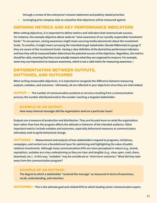through a review of the enterprise’s mission statement and publicly-stated priorities
•	 Leveraging prior company data as a baseline that objectives will be measured against
DEFINING METRICS AND KEY PERFORMANCE INDICATORS
When setting objectives, it is important to define metrics and indicators that communicate success.
For instance, the example objective above seeks to “raise awareness of our socially responsible investment
funds.” To one person, raising awareness might mean securing media placements about the investment
funds. To another, it might mean surveying the intended target stakeholder (female Millennials) to gauge if
they are aware of the investment funds. Having a clear definition of the desired key performance indicators
and how they will be measured better determines the potential success of the objectives. Regardless, the metrics
should be valid, meaning that they mustactuallymeasurewhat they are supposed to measure. For example,
some may use impressions to measure awareness, which is not a valid metric for measuring awareness. 8
DIFFERENTIATING BETWEEN OUTPUTS,
OUTTAKES, AND OUTCOMES
When writing measurable objectives, it is important to recognize the difference between measuring
outputs, outtakes, and outcomes. Ultimately, all are reflected in your objectives since they are interrelated.
OUTPUT — The number of communication products or services resulting from a communication
process; the number distributed and/or the number reaching a targeted stakeholder.
EXAMPLE OF AN OUTPUT:
How many internal messages did the organization send on a particular issue?
Outputs are a measure of production and distribution. They are focused more on what the organization
does rather than how the program affects the attitude or behavior of the intended audience. Other
important metrics include outtakes and outcomes, especially behavioral measures as communicators
ultimately seek to ignite behavioral change.
OUTTAKES — Measurement and analysis of how stakeholders respond to programs, initiatives,
campaigns, and content are a foundational layer for optimizing and highlighting the value of public
relations investments. Although many communications KPIs are more perceptual in nature (e.g., brand,
reputation), outtakes are a key underpinning as they are clear and tangible (e.g., view, open, read, share,
download, etc.). In this way, “outtakes” may be considered as “short-term outcomes.” What did they take
away from the communication program?
EXAMPLE OF AN OUTTAKE :
The degree to which a stakeholder “received the message” as measured in terms of awareness,
recall, understanding, and retention.
OUTCOMES— This is the ultimate goal and related KPIS to which leading senior communicators aspire.
15
 