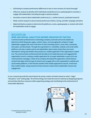 •	 A/B testing to compare performance differences in two or more versions of a tactic/message*
•	 Influencer analysis to identify which individuals would best serve as spokespeople to resonate or
engage with stakeholders (including through a network analysis)
•	 Secondary research about stakeholder preferences (i.e., market research, syndicated research)
•	 Media content analysis to assess tactical performance before, during, and after campaign activation
•	 Digital attribution analysis to determine the platforms, events, spokespeople, or content with which
the stakeholder tends to engage
EXAMPLE:
WEB AND SOCIAL ANALYTICS INFORM CREATION OF TACTICS
A communication professional at a technology company used web and social analytics to
determine which blog posts, pages, content, topics, and messaging the company’s target
stakeholder engages with most in the form of visits (including return), views, likes, comments,
time spent, and downloads. Through the organization’s e-newsletter, website, and social media
platforms, she also created a poll to ask stakeholders about what content they were most
interested in seeing and whether they would use a mobile application if the organization created
one. The communication professional took the data to her leadership team and suggested the
organization invest in creating a mobile application for its target stakeholder as part of its new
communication campaign. A team at her company developed the application, which features
content that aligns with the type of content users engage with on the organization’s website and
social media platforms. In the first few months of the mobile application’s launch, it had more
than 18,000 installs. Using research to inform tactical creation led to stakeholder interest and
engagement.
In sum, research grounds the natural desire for purely creative activation based on what’s “edgy,”
“disruptive,” and “cutting edge.” Be all these things, but make the most of creativity by designing programs
and activities that focus resources while supporting strategy and contributing to the achievement of
measurable objectives.
23
* A randomized experiment with two
variations, A and B
 