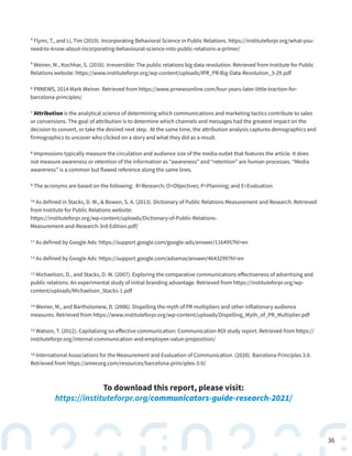 36
⁴ Flynn, T., and Li, Tim (2019). Incorporating Behavioral Science in Public Relations. https://instituteforpr.org/what-you-
need-to-know-about-incorporating-behavioural-science-into-public-relations-a-primer/
⁵ Weiner, M., Kochhar, S. (2016). Irreversible: The public relations big data revolution. Retrieved from Institute for Public
Relations website: https://www.instituteforpr.org/wp-content/uploads/IPR_PR-Big-Data-Revolution_3-29.pdf
6 PRNEWS, 2014 Mark Weiner. Retrieved from https://www.prnewsonline.com/four-years-later-little-traction-for-
barcelona-principles/
7 Attribution is the analytical science of determining which communications and marketing tactics contribute to sales
or conversions. The goal of attribution is to determine which channels and messages had the greatest impact on the
decision to convert, or take the desired next step. At the same time, the attribution analysis captures demographics and
firmographics to uncover who clicked on a story and what they did as a result.
8 Impressions typically measure the circulation and audience size of the media outlet that features the article. It does
not measure awareness or retention of the information as “awareness” and “retention” are human processes. “Media
awareness” is a common but flawed reference along the same lines.
9 The acronyms are based on the following: R=Research; O=Objectives; P=Planning; and E=Evaluation
10 As defined in Stacks, D. W., & Bowen, S. A. (2013). Dictionary of Public Relations Measurement and Research. Retrieved
from Institute for Public Relations website:
https://instituteforpr.org/wp-content/uploads/Dictionary-of-Public-Relations-
Measurement-and-Research-3rd-Edition.pdf/
11 As defined by Google Ads: https://support.google.com/google-ads/answer/116495?hl=en
12 As defined by Google Ads: https://support.google.com/adsense/answer/4643299?hl=en
13 Michaelson, D., and Stacks, D. W. (2007). Exploring the comparative communications effectiveness of advertising and
public relations: An experimental study of initial branding advantage. Retrieved from https://instituteforpr.org/wp-
content/uploads/Michaelson_Stacks-1.pdf
14 Weiner, M., and Bartholomew, D. (2006). Dispelling the myth of PR multipliers and other inflationary audience
measures. Retrieved from https://www.instituteforpr.org/wp-content/uploads/Dispelling_Myth_of_PR_Multiplier.pdf
15 Watson, T. (2012). Capitalizing on effective communication: Communication ROI study report. Retrieved from https://
instituteforpr.org/internal-communication-and-employee-value-proposition/
16 International Associations for the Measurement and Evaluation of Communication. (2020). Barcelona Principles 3.0.
Retrieved from https://amecorg.com/resources/barcelona-principles-3-0/
To download this report, please visit:
https://instituteforpr.org/communicators-guide-research-2021/
 
