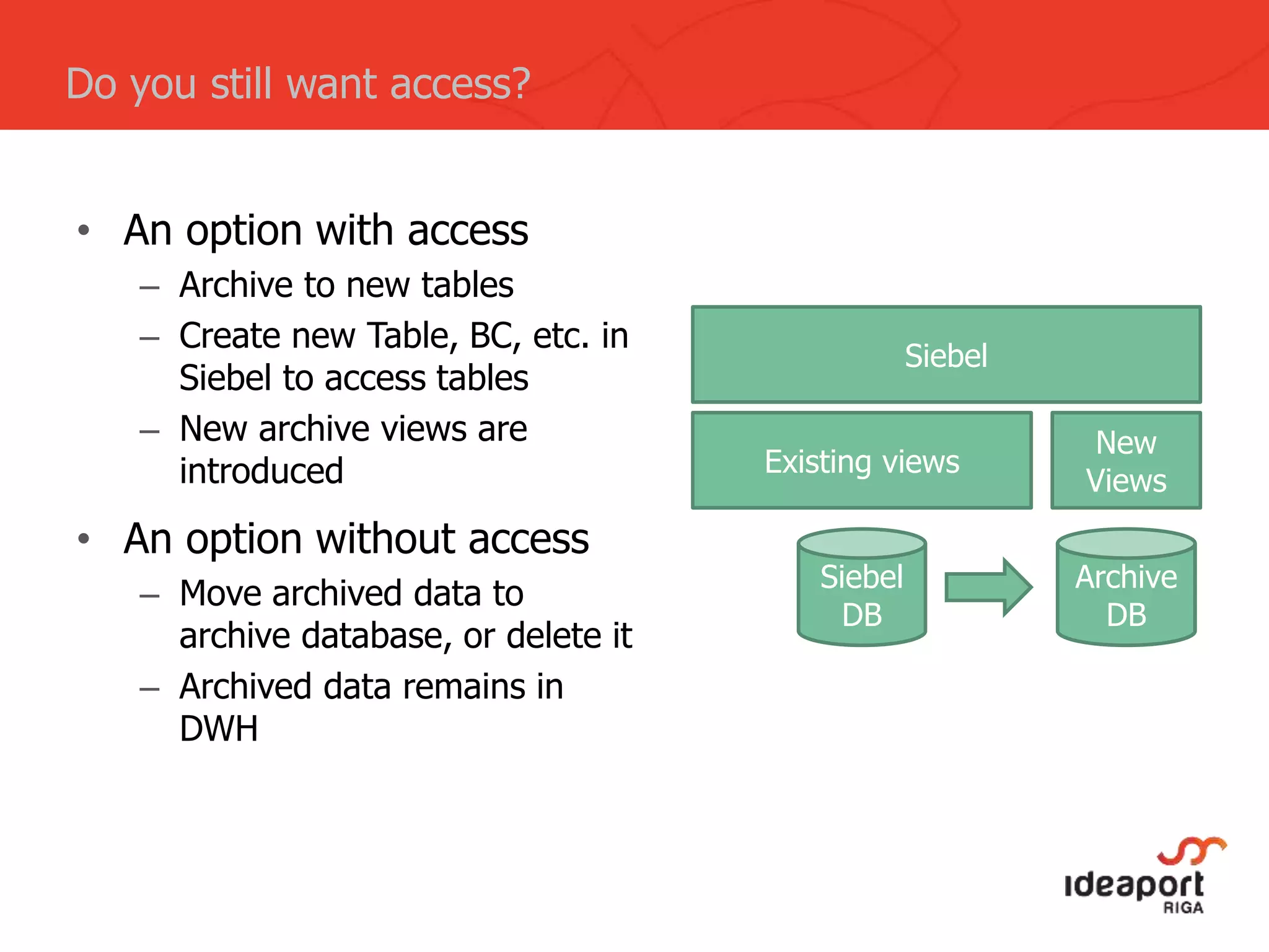 • An option with access
– Archive to new tables
– Create new Table, BC, etc. in
Siebel to access tables
– New archive views are
introduced
• An option without access
– Move archived data to
archive database, or delete it
– Archived data remains in
DWH
Do you still want access?
Siebel
Existing views
New
Views
Siebel
DB
Archive
DB
 