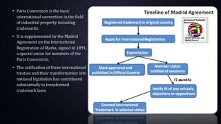 • Paris Convention is the basic
international convention in the field
of industrial property including
trademarks.
• It is supplemented by the Madrid
Agreement on the International
Registration of Marks, signed in 1891,
a special union for members of the
Paris Convention.
• The ratification of these international
treaties and their transformation into
national legislation has contributed
substantially to transformed
trademark laws.
 