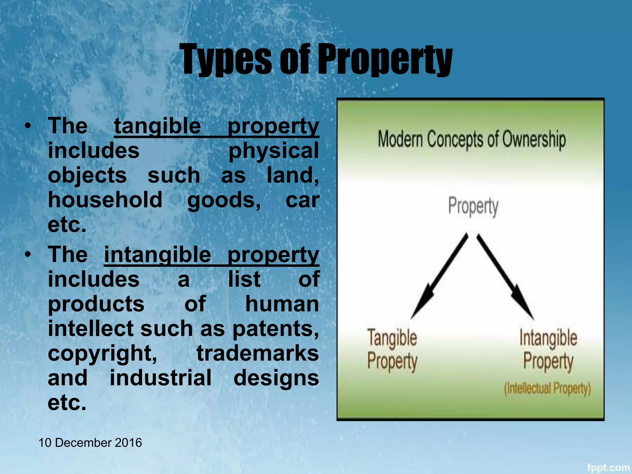 Types of Property
• The tangible property
includes physical
objects such as land,
household goods, car
etc.
• The intangible property
includes a list of
products of human
intellect such as patents,
copyright, trademarks
and industrial designs
etc.
10 December 2016
 