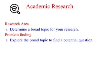 Academic Research
Research Area
1. Determine a broad topic for your research.
Problem finding
1. Explore the broad topic to find a potential question
 