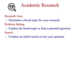 Academic Research
Research Area
1. Determine a broad topic for your research.
Problem finding
1. Explore the broad topic to find a potential question
Search
1. Conduct an initial search to test your question
 