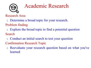 Academic Research
Research Area
1. Determine a broad topic for your research.
Problem finding
1. Explore the broad topic to find a potential question
Search
1. Conduct an initial search to test your question
Confirmation Research Topic
1. Reevaluate your research question based on what you've
learned
 