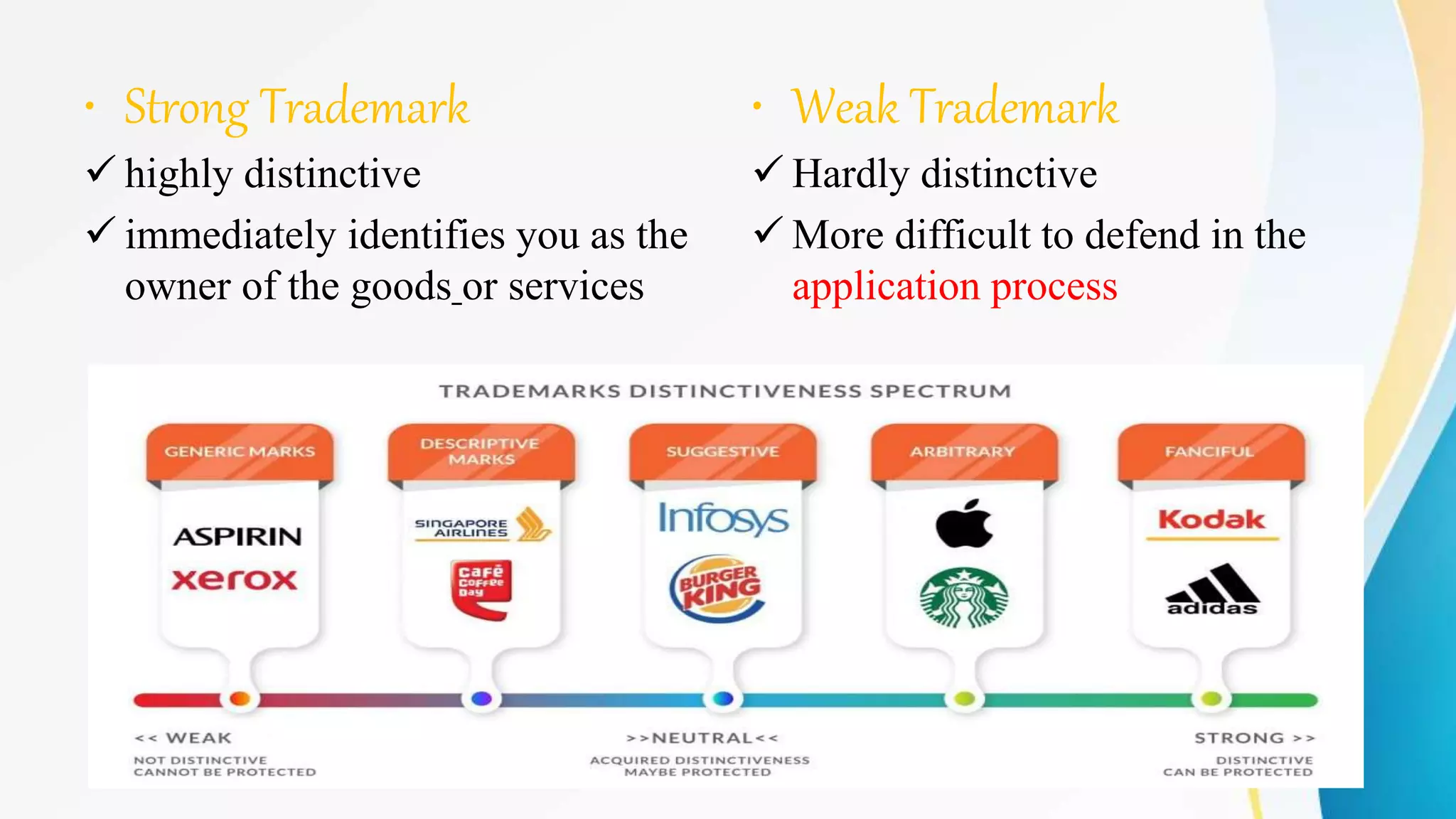 • Strong Trademark
 highly distinctive
 immediately identifies you as the
owner of the goods or services
• Weak Trademark
 Hardly distinctive
 More difficult to defend in the
application process
 