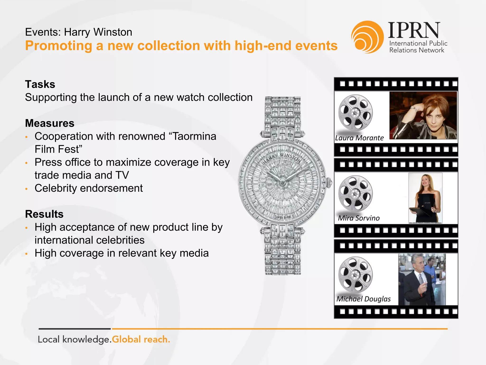 Promoting a new collection with high-end events
Events: Harry Winston
Tasks
Supporting the launch of a new watch collection
Measures
• Cooperation with renowned “Taormina
Film Fest”
• Press office to maximize coverage in key
trade media and TV
• Celebrity endorsement
Results
• High acceptance of new product line by
international celebrities
• High coverage in relevant key media
Laura Morante
Mira Sorvino
Michael Douglas
 