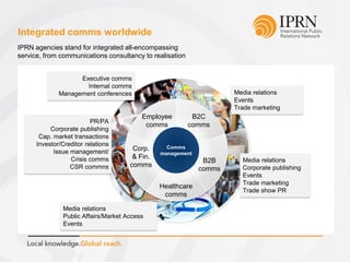 Integrated comms worldwide
IPRN agencies stand for integrated all-encompassing
service, from communications consultancy to realisation
Executive comms
Internal comms
Management conferences
PR/PA
Corporate publishing
Cap. market transactions
Investor/Creditor relations
Issue management/
Crisis comms
CSR commns
Media relations
Events
Trade marketing
Media relations
Corporate publishing
Events
Trade marketing
Trade show PR
Media relations
Public Affairs/Market Access
Events
Comms
management
Employee
comms
B2C
comms
B2B
comms
Corp.
& Fin.
comms
Healthcare
comms
 