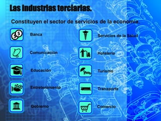 Las industrias terciarias.
Constituyen el sector de servicios de la economía.
Banca
Comunicación
Educación
Entretenimiento
Gobierno
Servicios de la Salud
Hotelería
Turismo
Transporte
Comercio
 