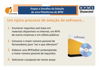 Um típico processo de seleção de software...
1. Enumerar requisitos com base em
materiais disponíveis na internet, em RFPs
de outras empresas e em editais públicos
Etapas e Desafios da Seleção
de uma Plataforma de BPM
de outras empresas e em editais públicos
2. Convocar o maior número possível de
fornecedores para “ver o que oferecem”
3. Elaborar uma RFP/edital contemplando
o maior número possível de requisitos
4. Selecionar a proposta de menor preço
 