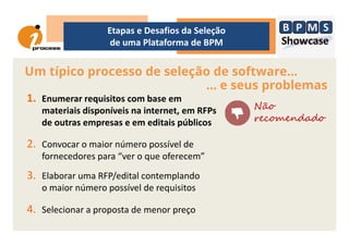 Um típico processo de seleção de software...
1. Enumerar requisitos com base em
materiais disponíveis na internet, em RFPs
de outras empresas e em editais públicos
... e seus problemas
Não
recomendado
Etapas e Desafios da Seleção
de uma Plataforma de BPM
de outras empresas e em editais públicos
2. Convocar o maior número possível de
fornecedores para “ver o que oferecem”
3. Elaborar uma RFP/edital contemplando
o maior número possível de requisitos
4. Selecionar a proposta de menor preço
recomendado
 