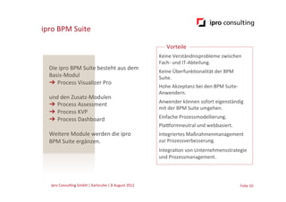 ipro	
  BPM	
  Suite

                                                                                          	
   Vorteile	
  
                                                                                          Keine	
  Verständnisprobleme	
  zwischen	
  	
  
                                                                                          Fach-­‐	
  und	
  IT-­‐Abteilung.	
  
   Die	
  ipro	
  BPM	
  Suite	
  besteht	
  aus	
  dem	
  	
                             	
  

                                                                                          Keine	
  Überfunk.onalität	
  der	
  BPM	
  	
  
   Basis-­‐Modul	
                                                                        Suite.	
  
   ➔  Process	
  Visualizer	
  Pro	
                                                      	
  

                                                                                          Hohe	
  Akzeptanz	
  bei	
  den	
  BPM	
  Suite-­‐	
  
   	
                                                                                     Anwendern.	
  
   und	
  den	
  Zusatz-­‐Modulen	
                                                       	
  

                                                                                          Anwender	
  können	
  sofort	
  eigenständig	
  
   ➔  Process	
  Assessment	
  
                                                                                          mit	
  der	
  BPM	
  Suite	
  umgehen.	
  
   ➔  Process	
  KVP	
                                                                                                                                       	
  


   ➔  Process	
  Dashboard	
                                                              Einfache	
  Prozessmodellierung.	
  
                                                                                          	
  

        	
                                                                                Plaoormneutral	
  und	
  webbasiert.	
  
   Weitere	
  Module	
  werden	
  die	
  ipro	
  	
  
                                                                                          	
  

                                                                                          Integriertes	
  Maßnahmenmanagement	
  
   BPM	
  Suite	
  ergänzen.	
  	
                                                        zur	
  Prozessverbesserung.	
  
                                                                                          	
  
                                                                                          Integra.on	
  von	
  Unternehmensstrategie	
  	
  
                                                                                          und	
  Prozessmanagement.




    ipro	
  Consul.ng	
  GmbH	
  |	
  Karlsruhe	
  |	
  8	
  August	
  2012	
  	
  	
                                                              Folie	
  10	
  
 