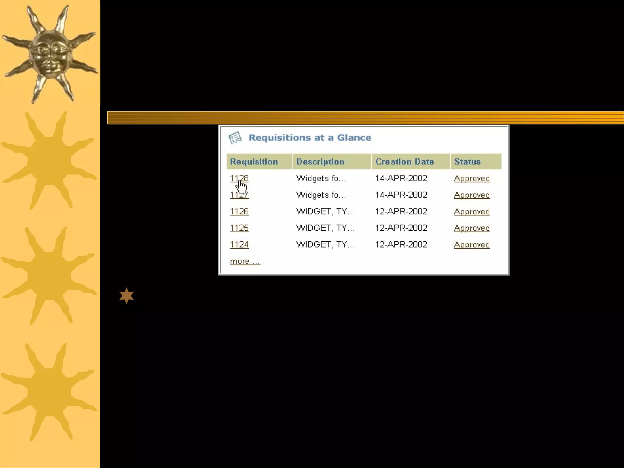 www.csc.cps.k12.il.uspurchasing36
Requisition Status
Find information about a requisition from
either the “Requisitions at a Glance”
region or by clicking the “Check
Requisition Statue” button on the Home
Page.
 