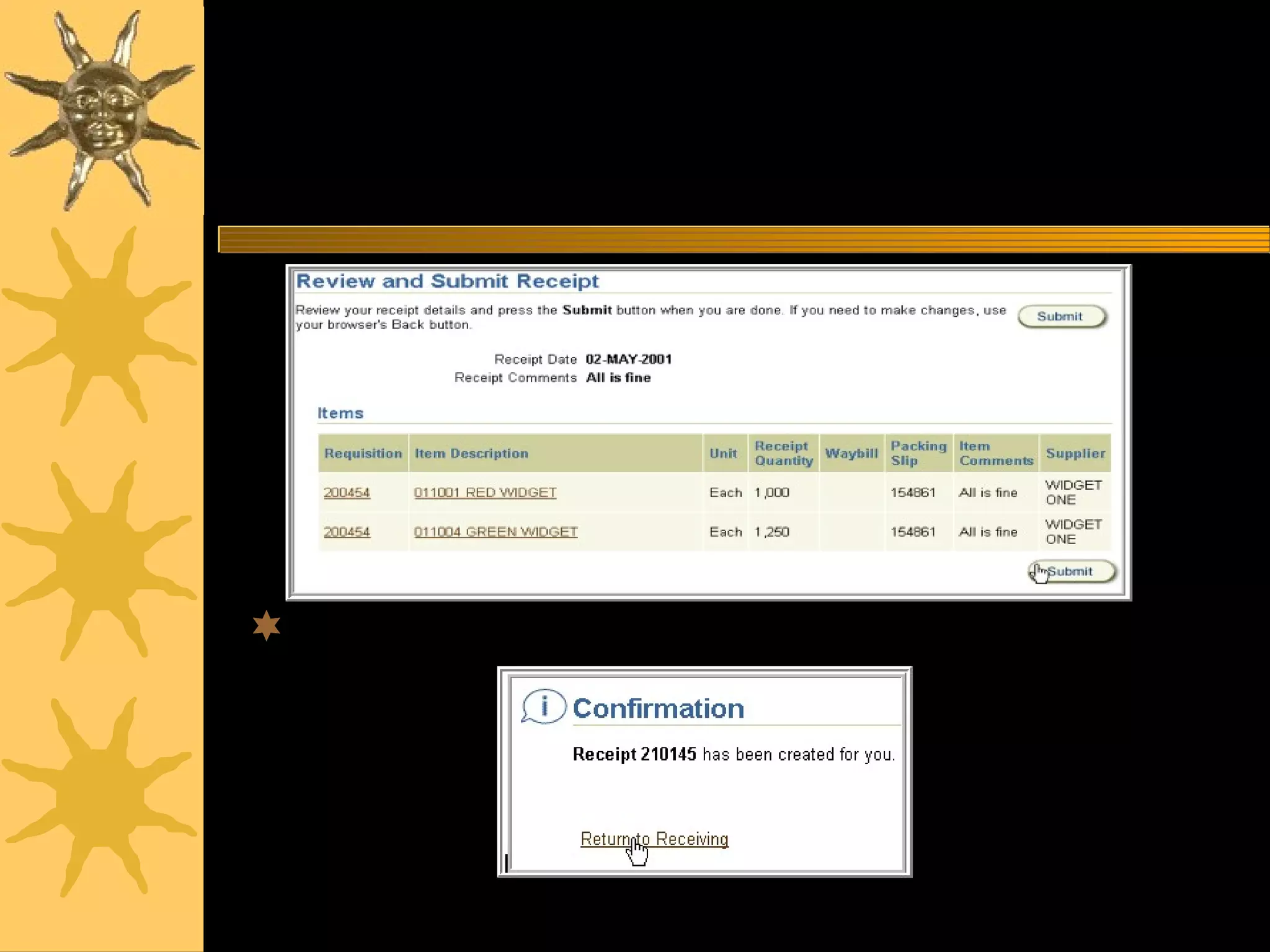 www.csc.cps.k12.il.uspurchasing44
Receiving
Click Submit when done and your receipt is
made.
 