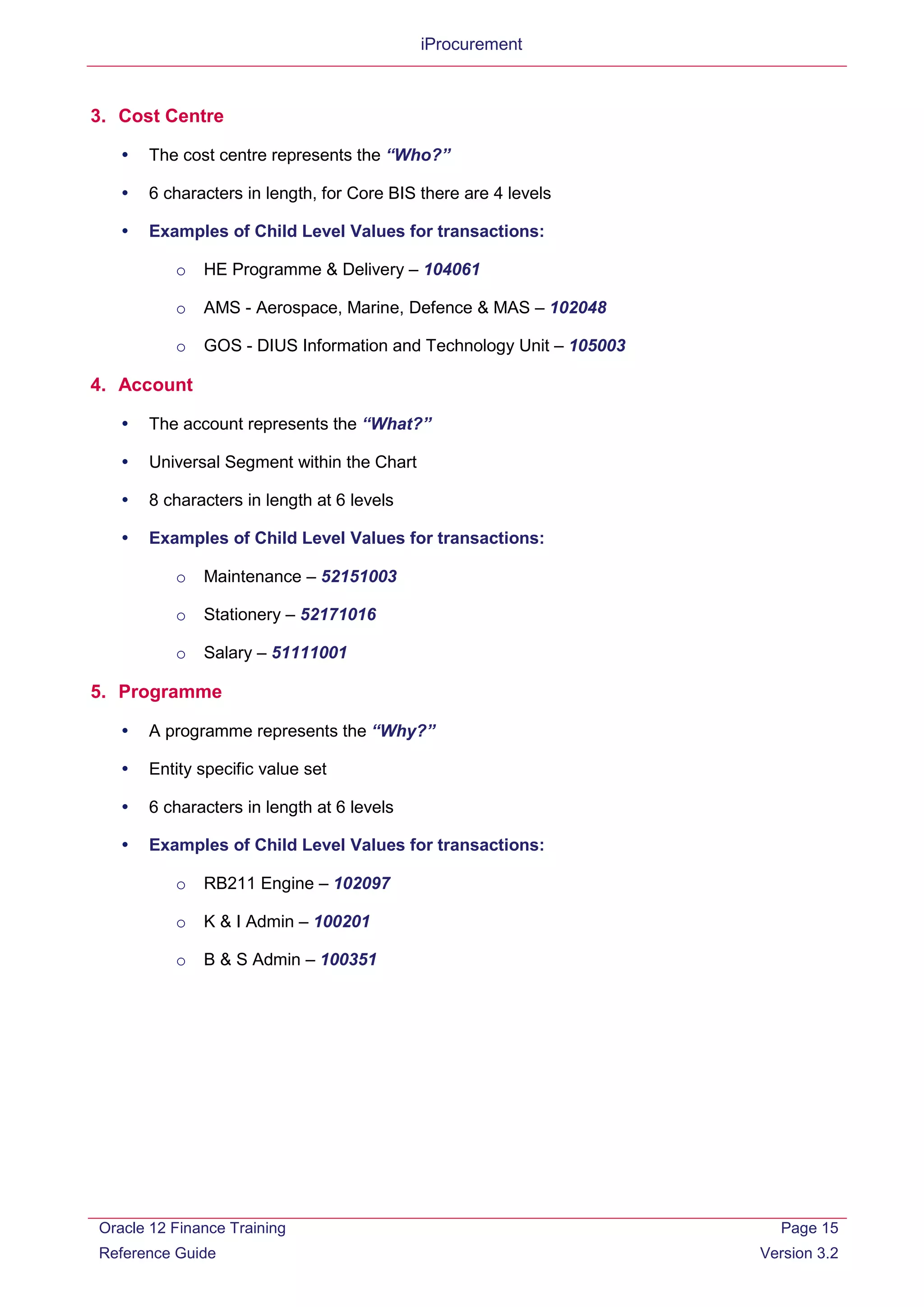 iProcurement
3. Cost Centre
 The cost centre represents the “Who?”
 6 characters in length, for Core BIS there are 4 levels
 Examples of Child Level Values for transactions:
o HE Programme & Delivery – 104061
o AMS - Aerospace, Marine, Defence & MAS – 102048
o GOS - DIUS Information and Technology Unit – 105003
4. Account
 The account represents the “What?”
 Universal Segment within the Chart
 8 characters in length at 6 levels
 Examples of Child Level Values for transactions:
o Maintenance – 52151003
o Stationery – 52171016
o Salary – 51111001
5. Programme
 A programme represents the “Why?”
 Entity specific value set
 6 characters in length at 6 levels
 Examples of Child Level Values for transactions:
o RB211 Engine – 102097
o K & I Admin – 100201
o B & S Admin – 100351
Oracle 12 Finance Training
Reference Guide
Page 15
Version 3.2
 
