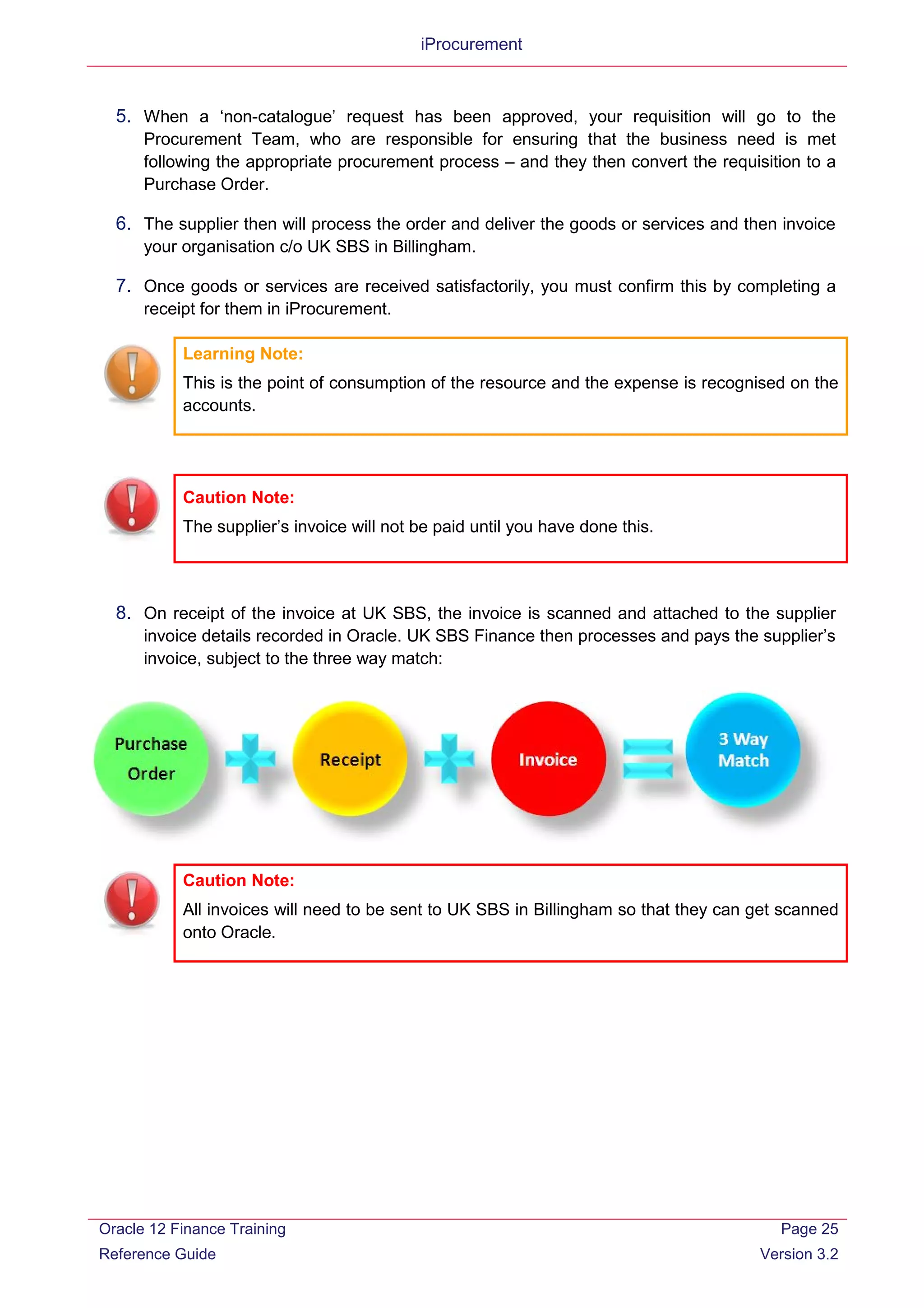 iProcurement
5. When a ‘non-catalogue’ request has been approved, your requisition will go to the
Procurement Team, who are responsible for ensuring that the business need is met
following the appropriate procurement process – and they then convert the requisition to a
Purchase Order.
6. The supplier then will process the order and deliver the goods or services and then invoice
your organisation c/o UK SBS in Billingham.
7. Once goods or services are received satisfactorily, you must confirm this by completing a
receipt for them in iProcurement.
Learning Note:
This is the point of consumption of the resource and the expense is recognised on the
accounts.
Caution Note:
The supplier’s invoice will not be paid until you have done this.
8. On receipt of the invoice at UK SBS, the invoice is scanned and attached to the supplier
invoice details recorded in Oracle. UK SBS Finance then processes and pays the supplier’s
invoice, subject to the three way match:
Caution Note:
All invoices will need to be sent to UK SBS in Billingham so that they can get scanned
onto Oracle.
Oracle 12 Finance Training
Reference Guide
Page 25
Version 3.2
 