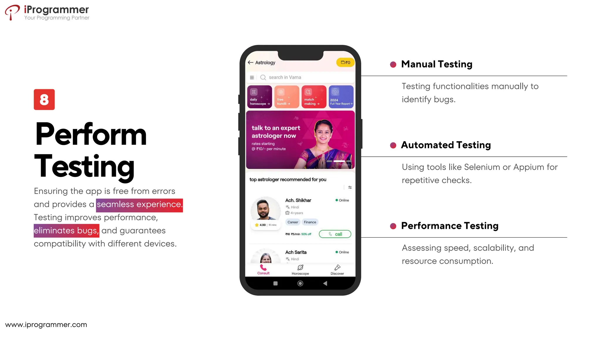 Assessing speed, scalability, and
resource consumption.
Performance Testing
Using tools like Selenium or Appium for
repetitive checks.
Automated Testing
Testing functionalities manually to
identify bugs.
Manual Testing
Perform
Testing
Ensuring the app is free from errors
and provides a seamless experience.
Testing improves performance,
eliminates bugs, and guarantees
compatibility with different devices.
www.iprogrammer.com
 