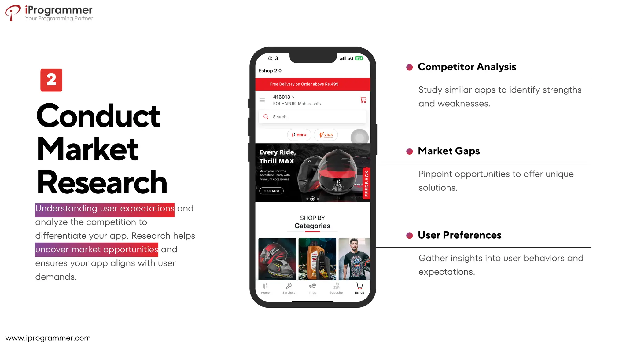 Gather insights into user behaviors and
expectations.
User Preferences
Pinpoint opportunities to offer unique
solutions.
Market Gaps
Study similar apps to identify strengths
and weaknesses.
Competitor Analysis
Conduct
Market
Research
Understanding user expectations and
analyze the competition to
differentiate your app. Research helps
uncover market opportunities and
ensures your app aligns with user
demands.
www.iprogrammer.com
 