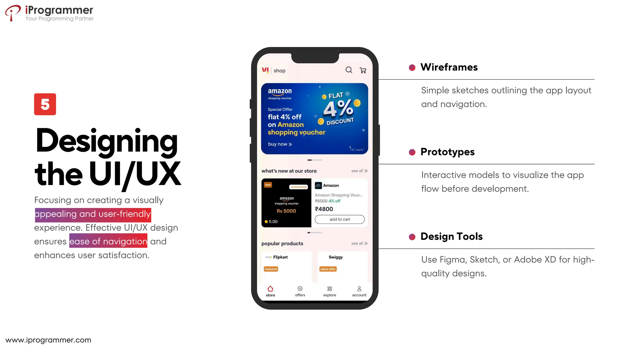 Use Figma, Sketch, or Adobe XD for high-
quality designs.
Design Tools
Interactive models to visualize the app
flow before development.
Prototypes
Simple sketches outlining the app layout
and navigation.
Wireframes
Designing
theUI/UX
Focusing on creating a visually
appealing and user-friendly
experience. Effective UI/UX design
ensures ease of navigation and
enhances user satisfaction.
www.iprogrammer.com
 
