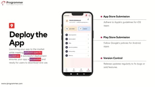 Release updates regularly to fix bugs or
add features.
Version Control
Follow Google’s policies for Android
apps.
Play Store Submission
Adhere to Apple’s guidelines for iOS
apps.
App Store Submission
Deploythe
App
Launching your app to the market
while meeting platform-specific
guidelines. A successful deployment
ensures your app is accessible and
ready for users to download and use.
www.iprogrammer.com
 