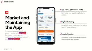 Marketand
Maintaining
theApp
Addressing bugs, enhance performance,
and introduce new features.
Regular Updates
Using SEO, social media, and PPC ads to
reach a wider audience.
Digital Marketing
Optimizing your app’s listing for better
visibility.
App Store Optimization (ASO)
Promoting the app effectively and
ensure it evolves with user needs.
Continuous marketing and
maintenance keep your app relevant
and engaging for users.
www.iprogrammer.com
 