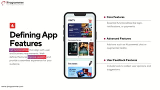 Include tools to collect user opinions and
suggestions.
User Feedback Features
Add-ons such as AI-powered chat or
augmented reality.
Advanced Features
Essential functionalities like login,
notifications, or payments.
Core Features
DefiningApp
Features
List functionalities that align with user
and business requirements. Well-
defined features improve usability and
provide a seamless experience for your
audience.
www.iprogrammer.com
 