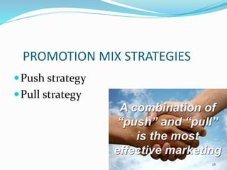 PROMOTION MIX STRATEGIES
Push strategy
Pull strategy
28
 