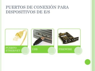 PUERTOS DE CONEXIÓN PARA
DISPOSITIVOS DE E/S




PUERTO
           USB      FIREWIRE
ETHERNET
 