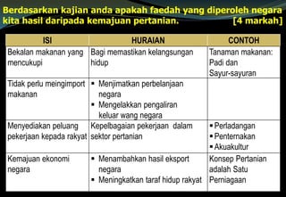 ISI HURAIAN CONTOH
Bekalan makanan yang
mencukupi
Bagi memastikan kelangsungan
hidup
Tanaman makanan:
Padi dan
Sayur-sayuran
Tidak perlu meingimport
makanan
 Menjimatkan perbelanjaan
negara
 Mengelakkan pengaliran
keluar wang negara
Menyediakan peluang
pekerjaan kepada rakyat
Kepelbagaian pekerjaan dalam
sektor pertanian
Perladangan
Penternakan
Akuakultur
Kemajuan ekonomi
negara
 Menambahkan hasil eksport
negara
 Meningkatkan taraf hidup rakyat
Konsep Pertanian
adalah Satu
Perniagaan
Berdasarkan kajian anda apakah faedah yang diperoleh negara
kita hasil daripada kemajuan pertanian. [4 markah]
 