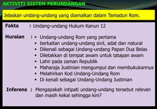 Jelaskan undang-undang yang diamalkan dalam Tamadun Rom.
AKTIVITI SISTEM PERUNDANGAN
 Undang-undang Rom yang pertama
 berkaitan undang-undang sivil, adat dan natural
 Dikenali sebagai Undang-undang Papan Dua Belas
 Diletakkan di tempat awam untuk tatapan awam
 Lahir pada zaman Republik
 Maharaja Justinian mengumpul dan membukukannya
 Melahirkan Kod Undang-Undang Rom
 Di kenali sebagai Undang-Undang Justinian
Fakta :
Huraian :
Undang-undang Hukum Kanun 12
Inferens : Mengapakah intipati undang-undang tersebut relevan
dan masih kekal sehingga kini?
 