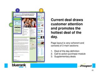 1   3



            Current deal draws
2           customer attention
            and promotes the
            hottest deal of the
            day.
            Page layout is very coherent and
            consists of 3 main sections:

            1. Deal of the day definition
            2. Call to action purchase module
            3. Supplementary deals




                                                22
 