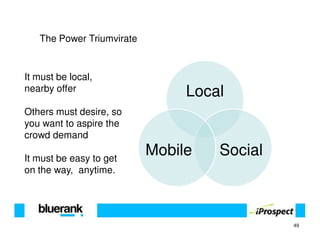 The Power Triumvirate


It must be local,
nearby offer                    Local
Others must desire, so
you want to aspire the
crowd demand

It must be easy to get
                           Mobile   Social
on the way, anytime.




                                             49
 