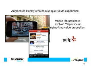 Augmented Reality creates a unique So’Mo experience


                                Mobile features have
                                evolved Yelp’s social
                             networking value proposition




                                                       56
 