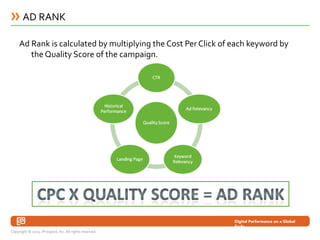 AD RANK

     Ad Rank is calculated by multiplying the Cost Per Click of each keyword by
        the Quality Score of the ...