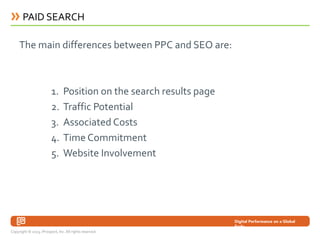 PAID SEARCH

     The main differences between PPC and SEO are:



                         1.      Position on the search...