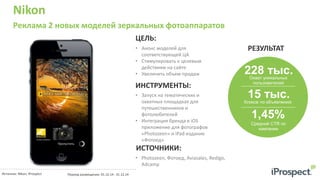 Nikon
Реклама 2 новых моделей зеркальных фотоаппаратов
• Анонс моделей для
соответствующей ЦА
• Стимулировать к целевым
действиям на сайте
• Увеличить объем продаж
ЦЕЛЬ:
ИНСТРУМЕНТЫ:
• Запуск на тематических и
охватных площадках для
путешественников и
фотолюбителей
• Интеграция бренда в iOS
приложение для фотографов
«Photozeen» и iPad издание
«Фотоед»
РЕЗУЛЬТАТ
Охват уникальных
пользователей
15 тыс.Кликов по объявлению
1,45%
Средний CTR по
кампании
Источник: Nikon; iProspect Период размещения: 01.12.14 - 31.12.14
ИСТОЧНИКИ:
• Photozeen, Фотоед, Aviasales, Redigo,
Adcamp
228 тыс.
 