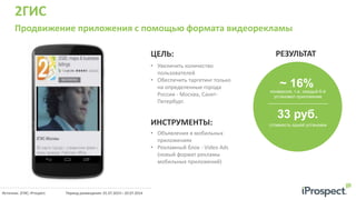 2ГИС
Продвижение приложения с помощью формата видеорекламы
• Увеличить количество
пользователей
• Обеспечить таргетинг только
на определенные города
России - Москва, Санкт-
Петербург.
ЦЕЛЬ:
ИНСТРУМЕНТЫ:
• Объявления в мобильных
приложениях
• Рекламный блок - Video Ads
(новый формат рекламы
мобильных приложений)
РЕЗУЛЬТАТ
~ 16%конверсия, т.е. каждый 6-й
установил приложение
33 руб.
стоимость одной установки
Источник: 2ГИС; iProspect Период размещения: 01.07.2014 – 20.07.2014
 