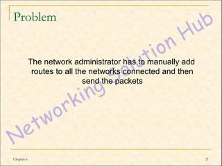 Problem


            The network administrator has to manually add
             routes to all the networks connected and then
                             send the packets




Chapter 6                                                    21
 