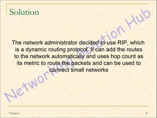 Solution


  The network administrator decided to use RIP, which
    is a dynamic routing protocol. It can add the routes
   to the network automatically and uses hop count as
     its metric to route the packets and can be used to
                    connect small networks




Chapter 6                                                  22
 