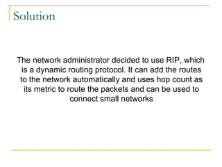Solution

The network administrator decided to use RIP, which
is a dynamic routing protocol. It can add the routes
to the network automatically and uses hop count as
its metric to route the packets and can be used to
connect small networks

 