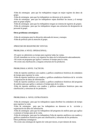 -Falta de estrategias para que los trabajadores tengan un mejor registro de datos de
grupo.
-Falta de estrategias para que los trabajadores no demoren en la atención.
-Falta de estrategias para que los trabajadores sepan distribuir las mesas y el menaje
para un grupo amplio.
-Falta de estrategias para que los trabajadores tengan un sistema de registros de grupos.
-Falta de estrategias para que los trabajadores tengan una estructura de designación de
personal al grupo.

Otros problemas estratégicos:

-Falta de estrategias para la ubicación adecuada de mesas y menajes.
-Falta de políticas para la atención al grupo.


•PROCESO DE REGISTRO DE VENTAS:

PROBLEMA A NIVEL OPERACIONAL:

-El cajero no administra su tiempo para registrar todas las ventas.
-El jefe inmediato no revisa y no organiza los datos de la información adecuadamente.
-No existe un programa que agilice o aminore el tiempo para la venta.
-No existe una clasificación y ninguna estructura de los productos.


PROBLEMAS A NIVEL TACTICOS:

-Falta de reportes analíticos con cuadros y gráficos estadísticos históricos de estándares
de tiempo para registrar la venta.
-Falta de reportes analíticos con cuadros y gráficos estadísticos históricos de la revisión
y organización de datos de información.
-Falta de reportes analíticos con cuadros y gráficos estadísticos históricos del programa
de análisis para que agilice o aminore el tiempo para de la venta.
-Falta de reportes analíticos con cuadros y gráficos estadísticos históricos para una
clasificación y estructura de los productos.



PROBLEMAS A NIVEL ESTRATEGICO:

-Falta de estrategias para que los trabajadores sepan distribuir los estándares de tiempo
para registrar la venta.
-Falta de estrategias para que los trabajadores no demoren en la revisión y
organización de datos de información.
-Falta de estrategias para que los trabajadores del programa de análisis para que agilice
o aminore el tiempo para de la venta.
-Falta de estrategias para que los trabajadores Falta de reportes analíticos con cuadros y
gráficos estadísticos históricos para una clasificación y estructura de los productos.
Otros problemas estratégicos:
-No existe una estrategia de registro de venta por mozos, ni por número de mesa.
 