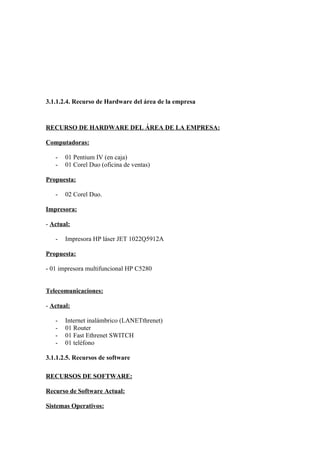 3.1.1.2.4. Recurso de Hardware del área de la empresa



RECURSO DE HARDWARE DEL ÁREA DE LA EMPRESA:

Computadoras:

   -   01 Pentium IV (en caja)
   -   01 Corel Duo (oficina de ventas)

Propuesta:

   -   02 Corel Duo.

Impresora:

- Actual:

   -   Impresora HP láser JET 1022Q5912A

Propuesta:

- 01 impresora multifuncional HP C5280


Telecomunicaciones:

- Actual:

   -   Internet inalámbrico (LANETthrenet)
   -   01 Router
   -   01 Fast Ethrenet SWITCH
   -   01 teléfono

3.1.1.2.5. Recursos de software

RECURSOS DE SOFTWARE:

Recurso de Software Actual:

Sistemas Operativos:
 