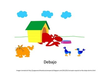 Debajo
Imagen tomada de http://juegossencilloseducacionespecial.blogspot.com/2012/01/concepto-espacial-arriba-abajo-dentro.html
 