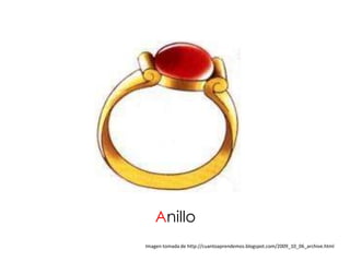 Anillo
Imagen tomada de http://cuantoaprendemos.blogspot.com/2009_10_06_archive.html
 