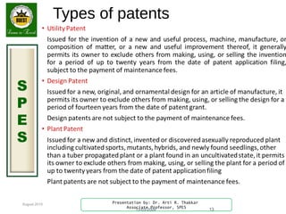 August 2015
S
P
E
S
Presentation by: Dr. Arti R. Thakkar
Associate Professor, SPES
Types of patents
13-03-2009 13
 