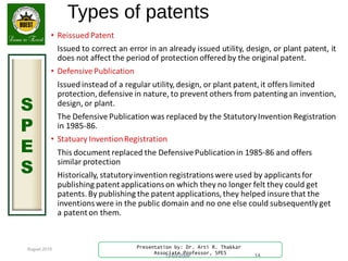 August 2015
S
P
E
S
Presentation by: Dr. Arti R. Thakkar
Associate Professor, SPES
Types of patents
13-03-2009 14
 