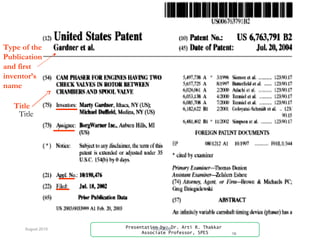 August 2015
S
P
E
S
Presentation by: Dr. Arti R. Thakkar
Associate Professor, SPES
13-03-2009
16
Title
Title
Type of the
Publication
and first
inventor’s
name
 